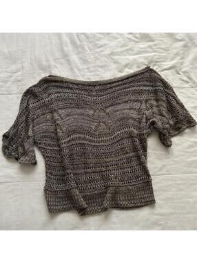 Y2K Taupe Open Knit Dolman Sweater Boho Batwing Crochet Top